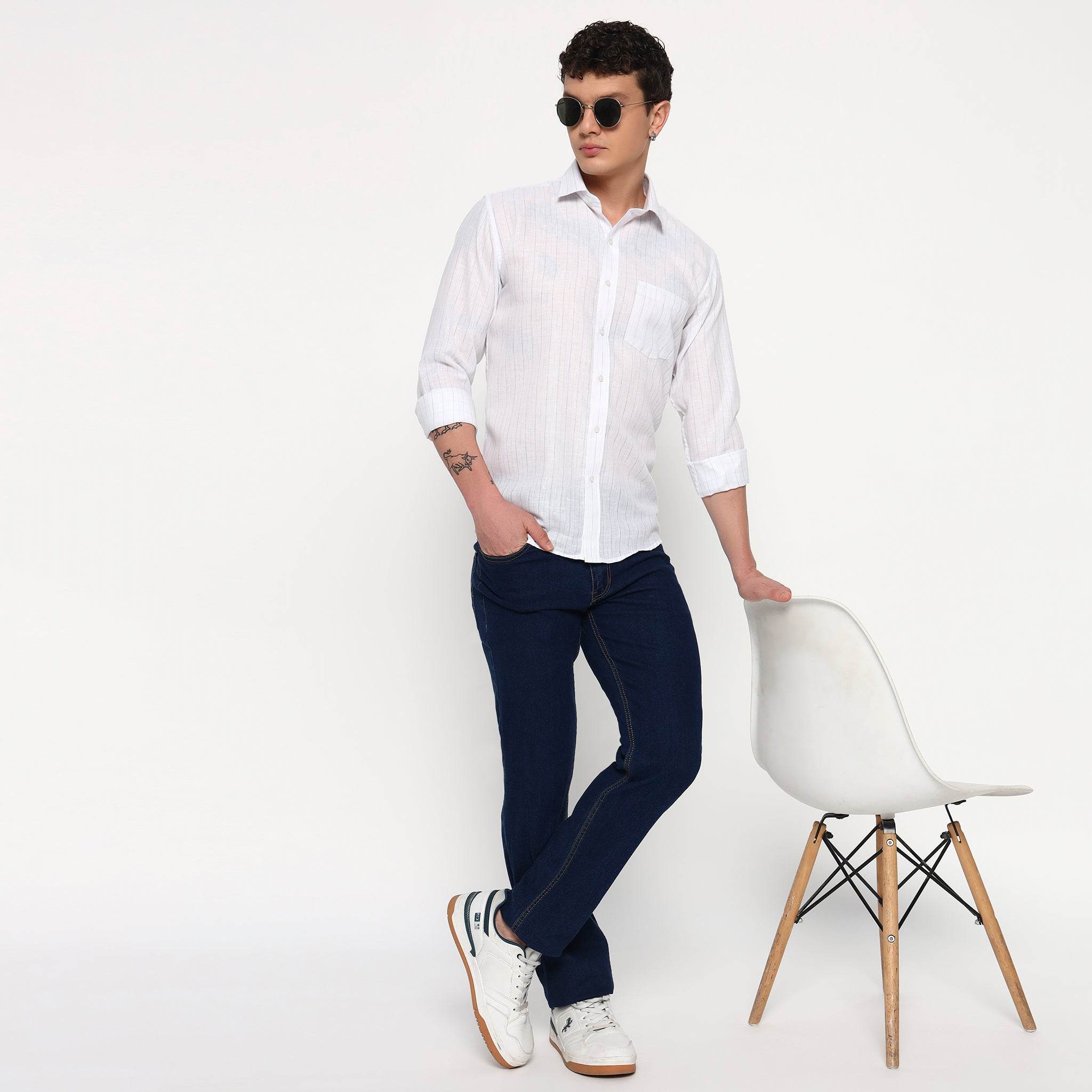 White Blue Line Stripes Cotton Shirt