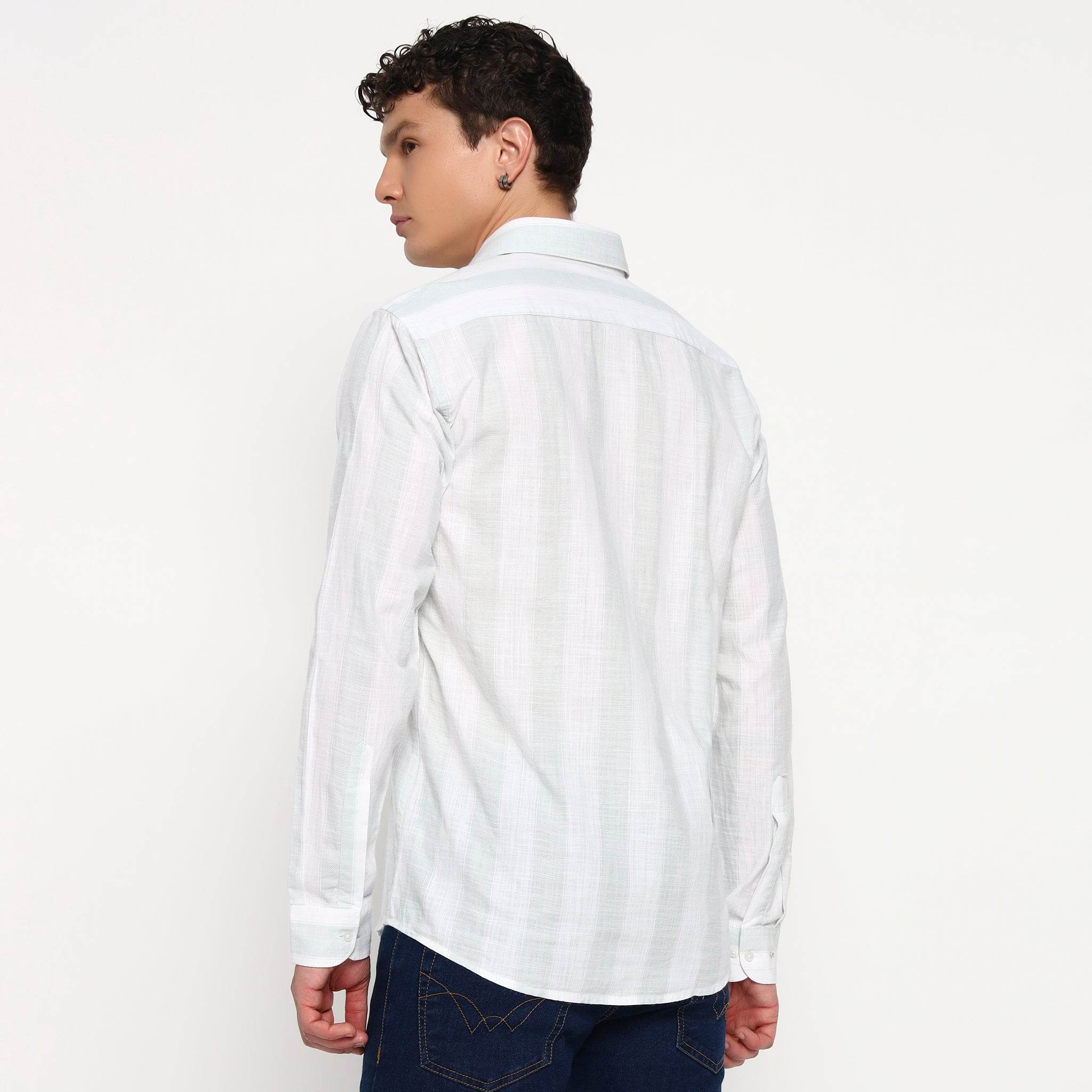 White Mint Green Stripes Cotton Shirt