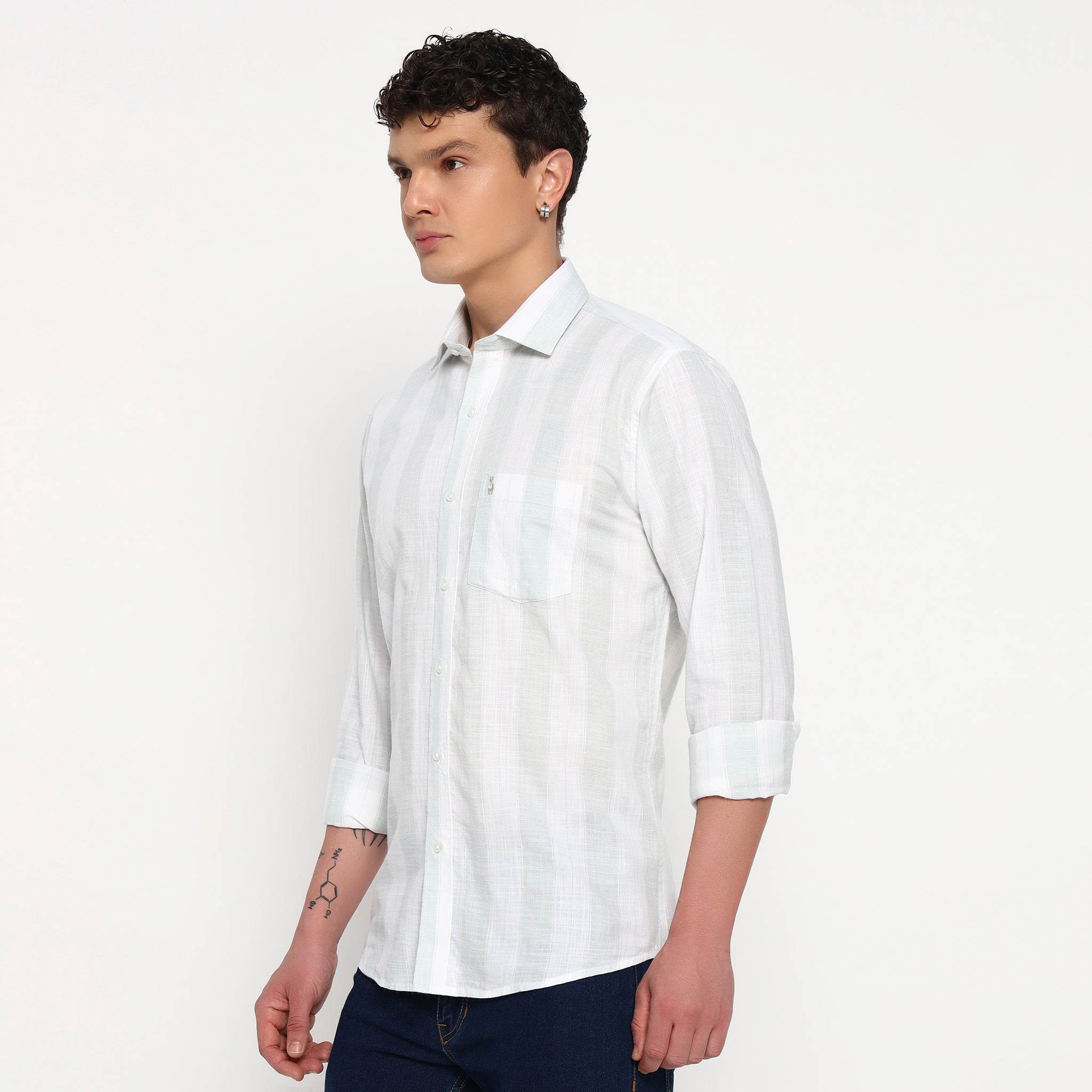White Mint Green Stripes Cotton Shirt