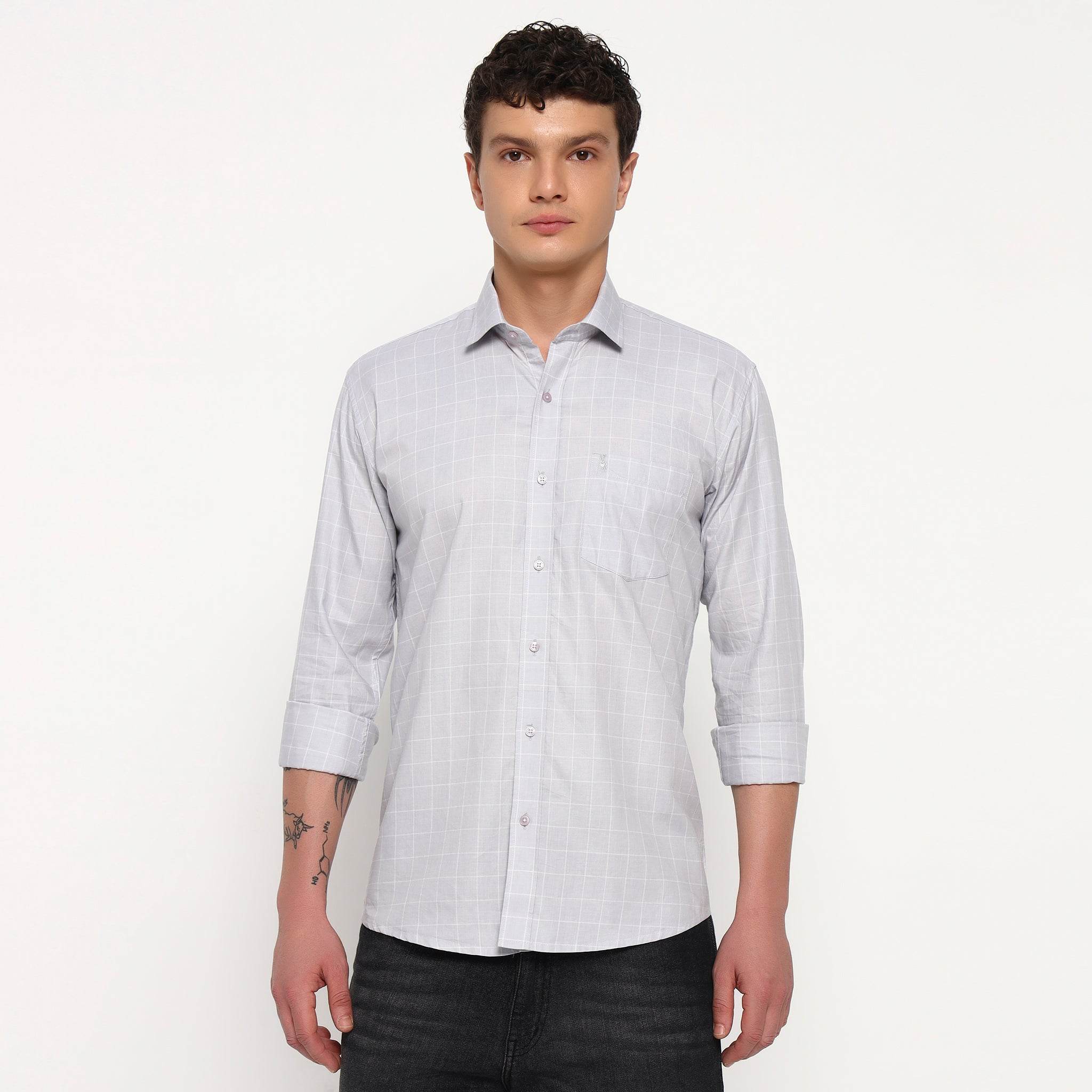 Light Grey Matrix Checks Cotton Shirt
