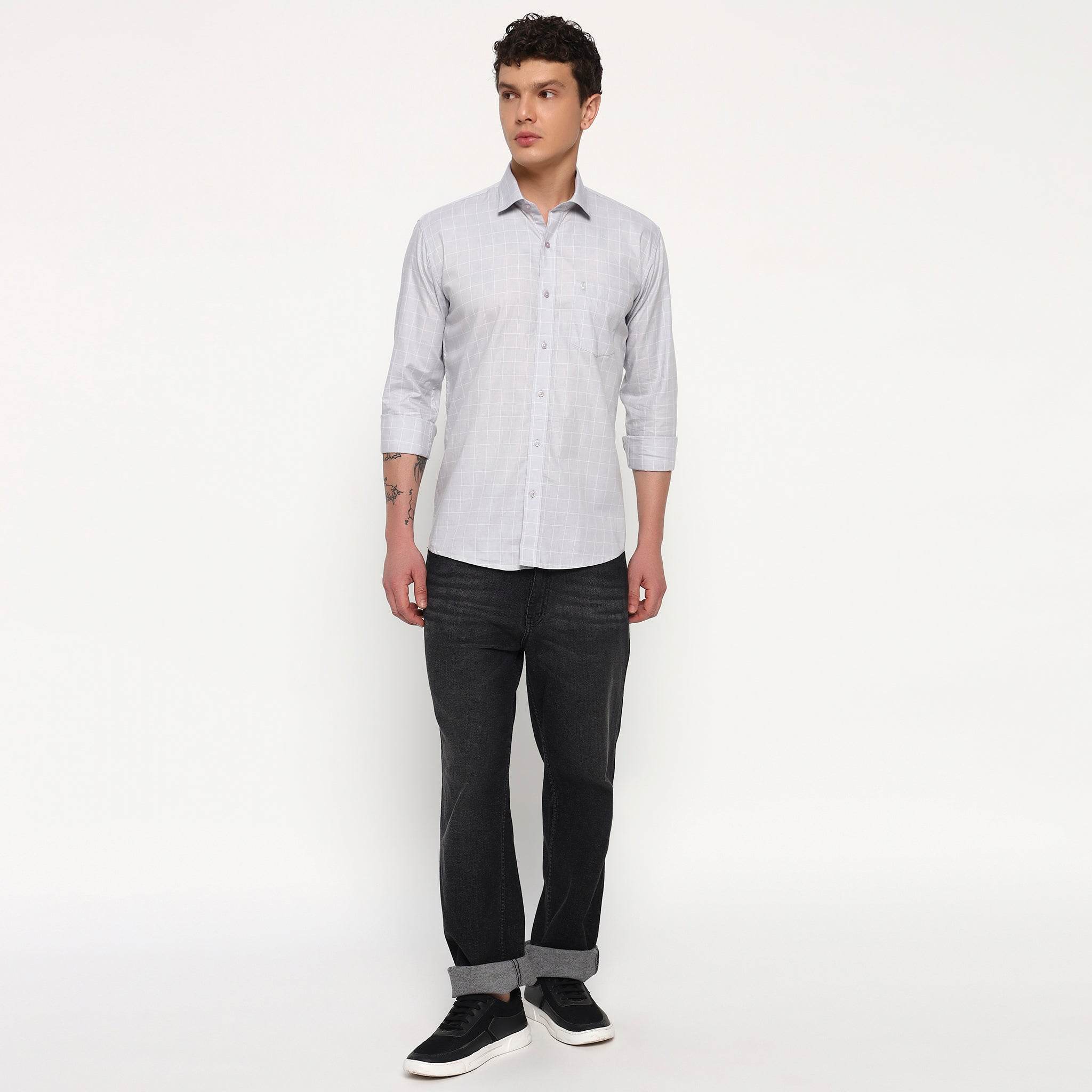 Light Grey Matrix Checks Cotton Shirt