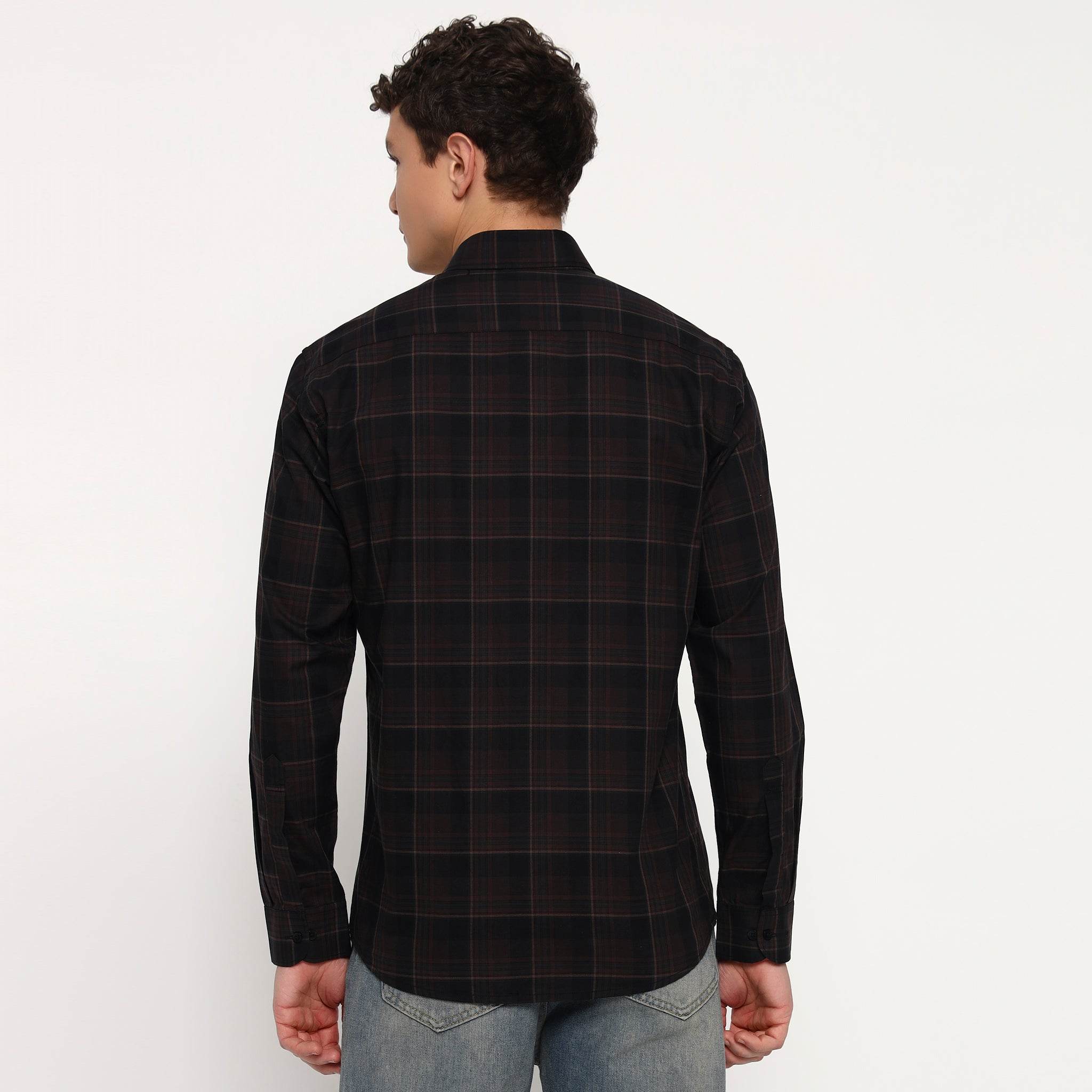 Coffee Brown Checks Cotton Shirt