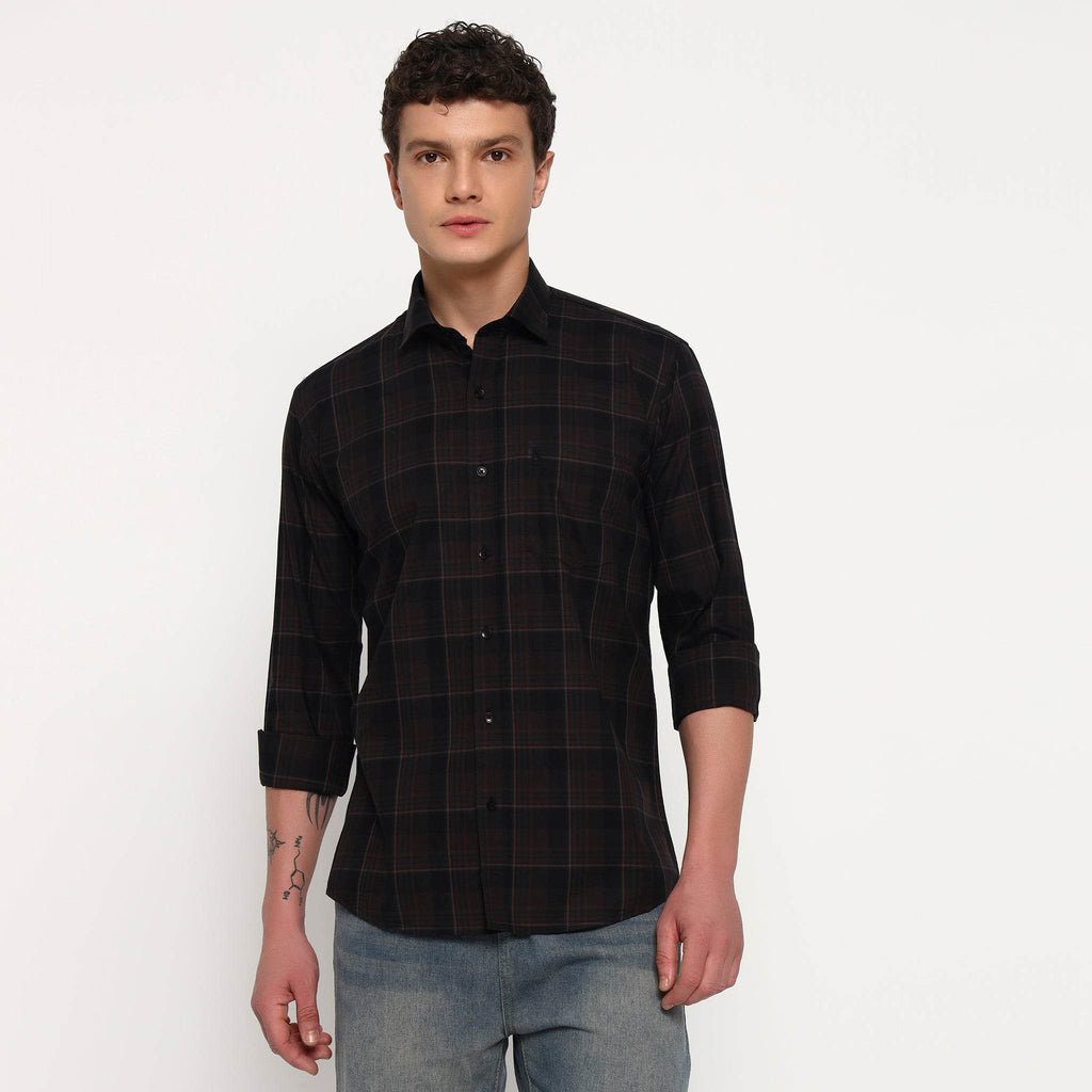Coffee Brown Checks Cotton Shirt