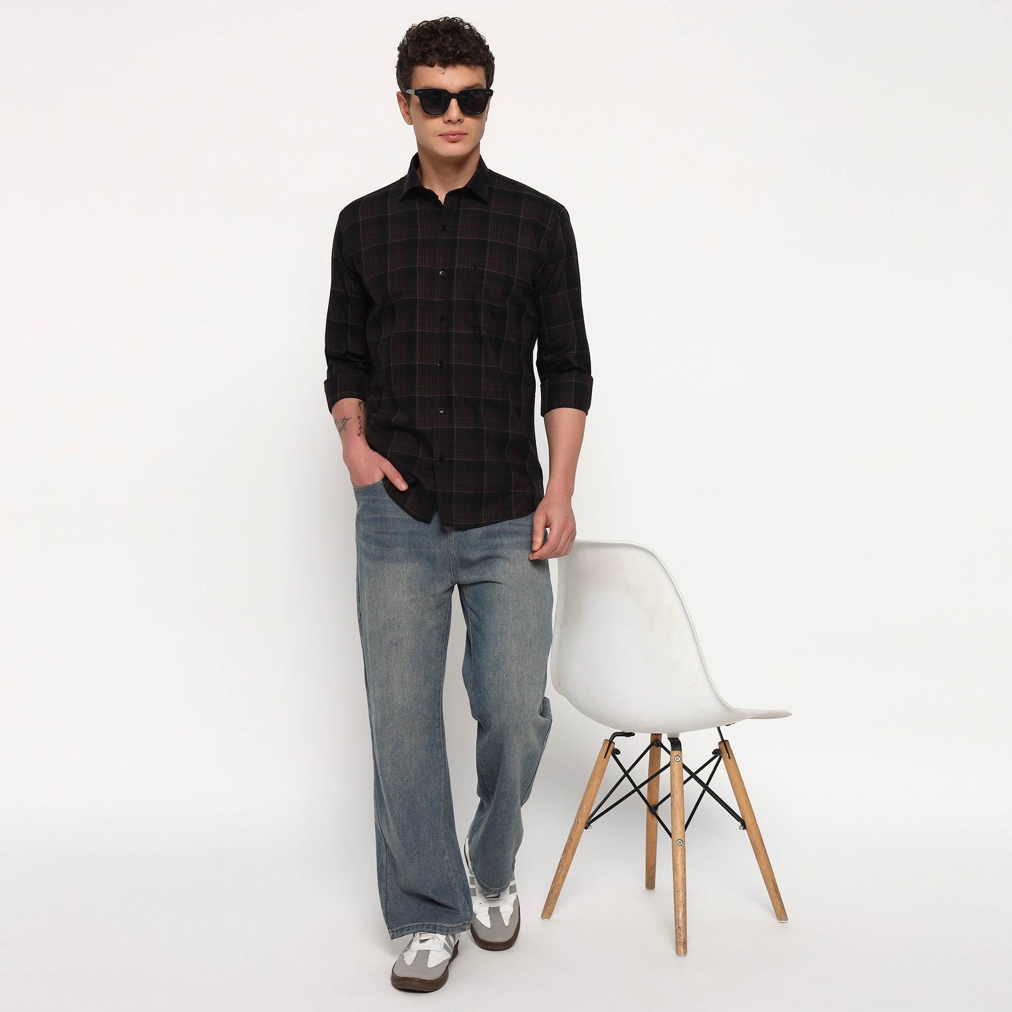 Coffee Brown Checks Cotton Shirt