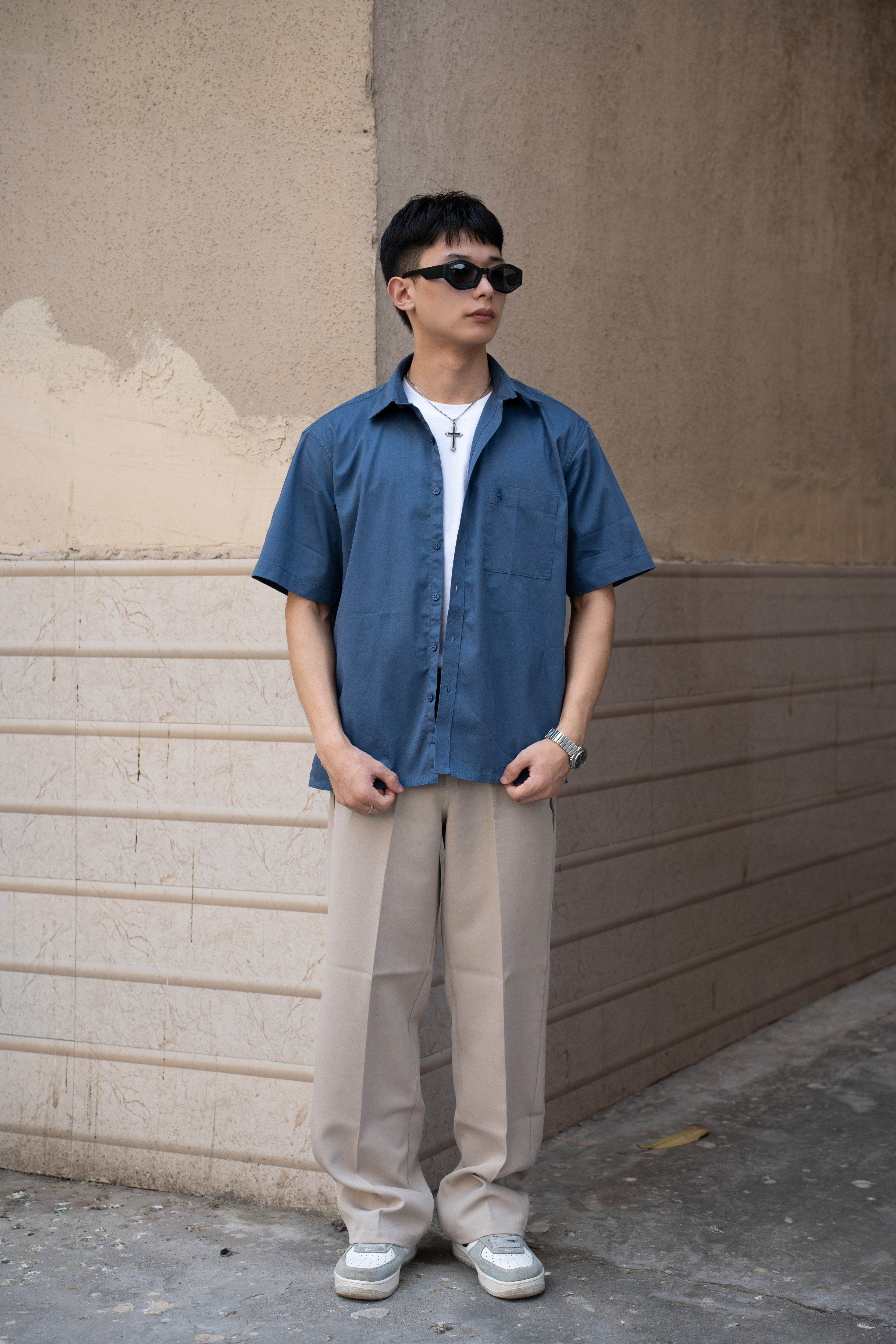 Steel Blue Oversized Half Sleeves Shirt