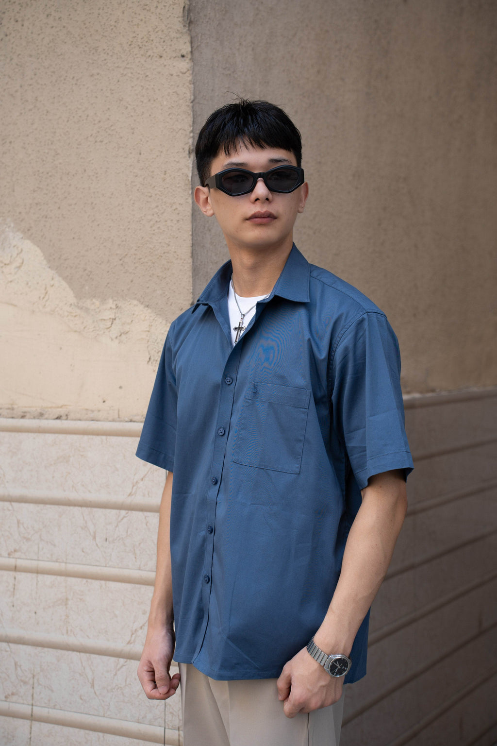 Steel Blue Oversized Half Sleeves Shirt