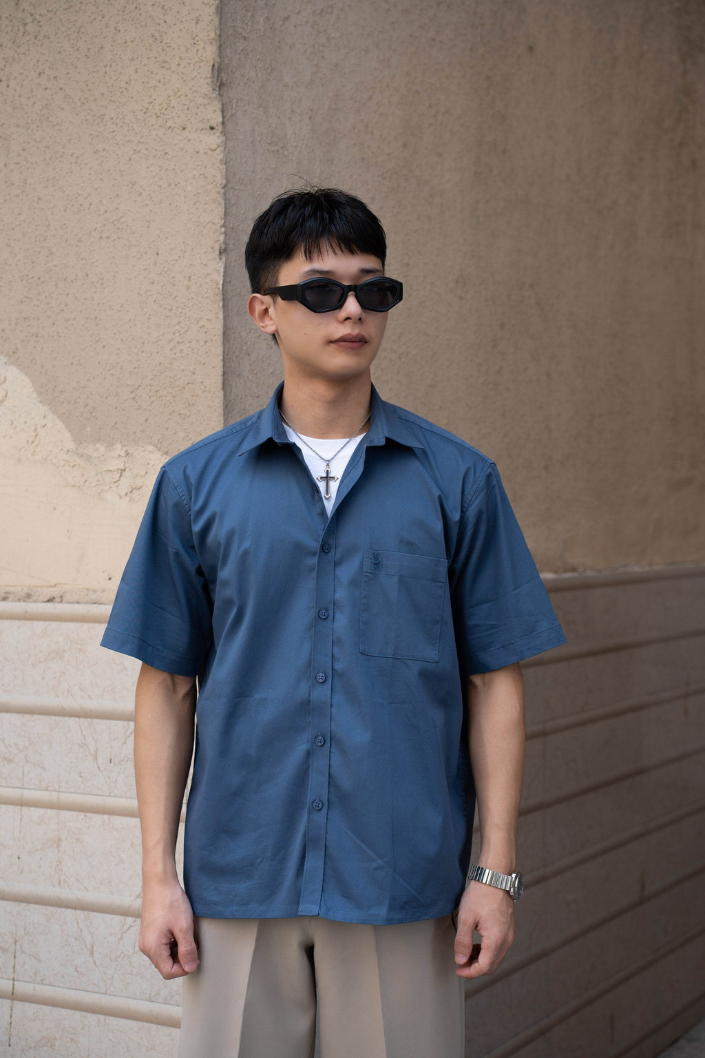 Steel Blue Oversized Half Sleeves Shirt