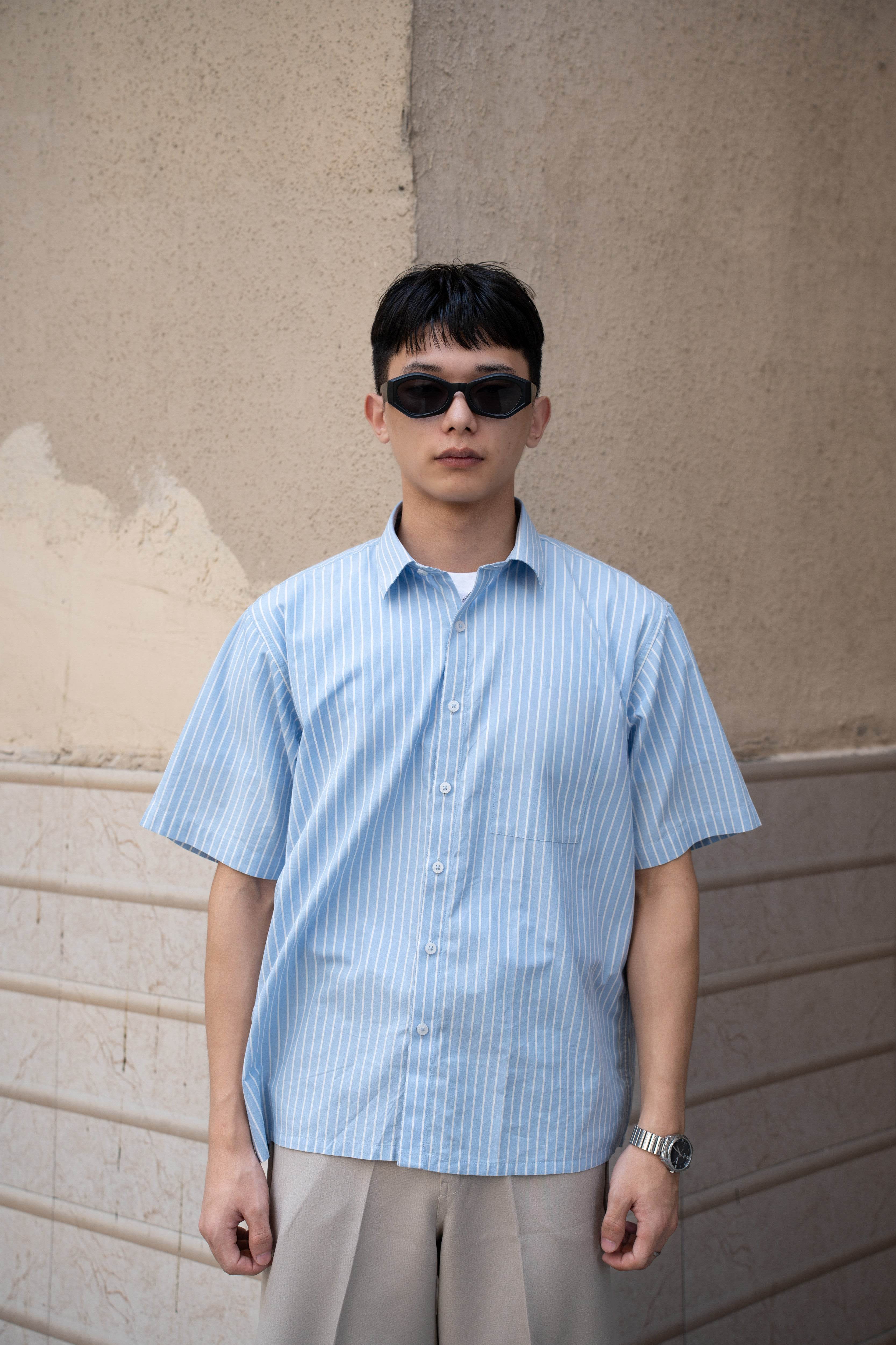 Oversized Blue & White Striped Half Sleeves Shirt