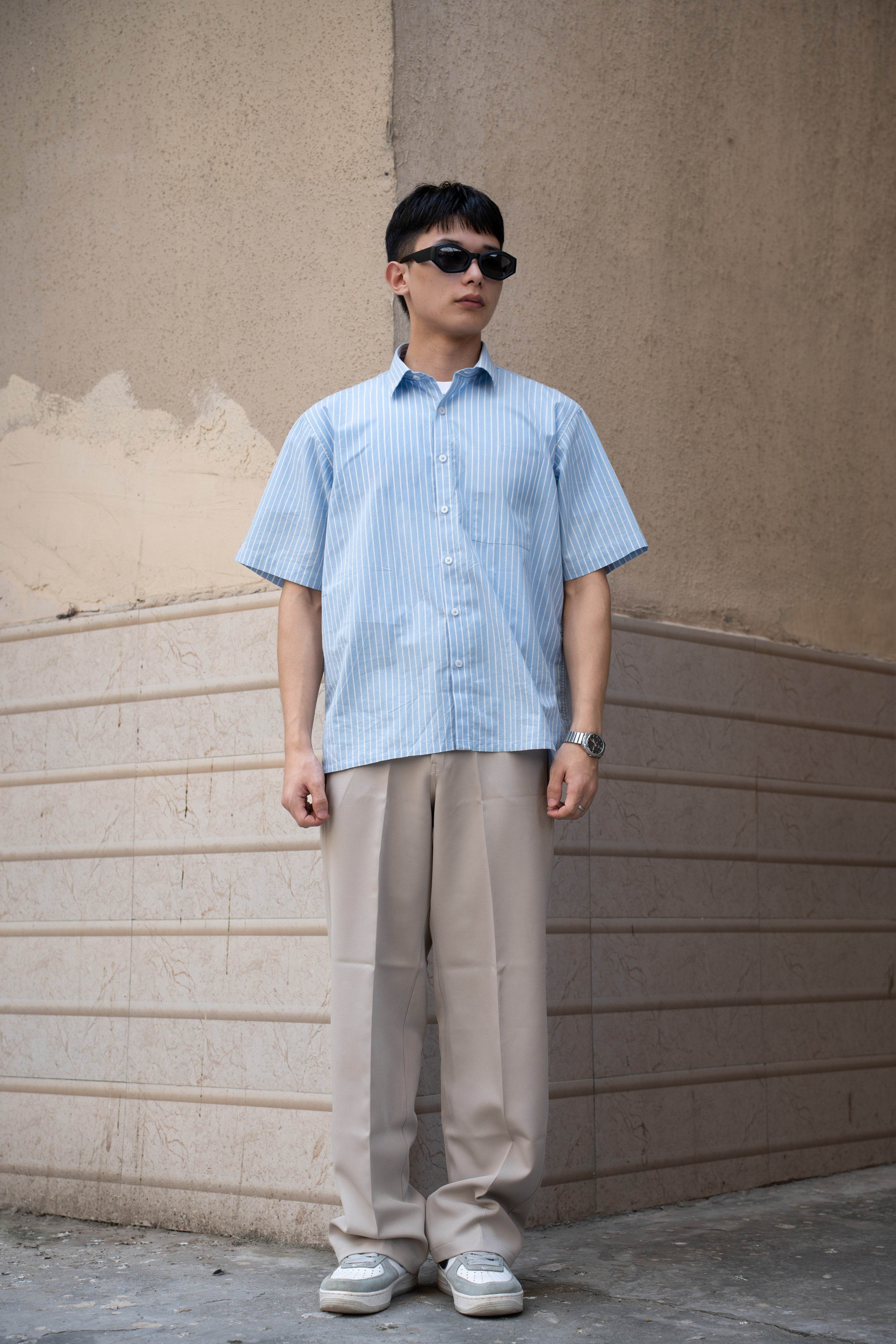 Oversized Blue & White Striped Half Sleeves Shirt