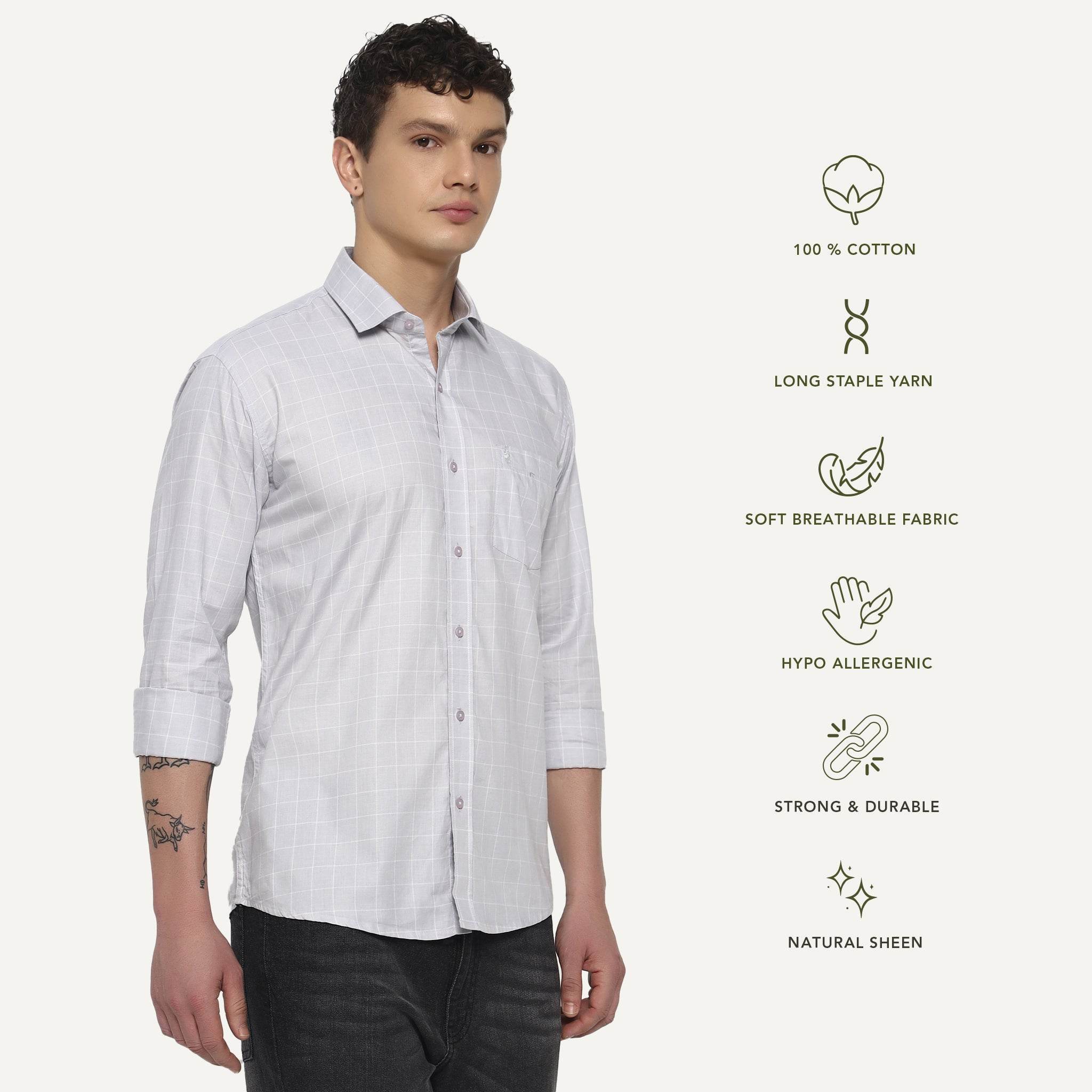 Light Grey Matrix Checks Cotton Shirt