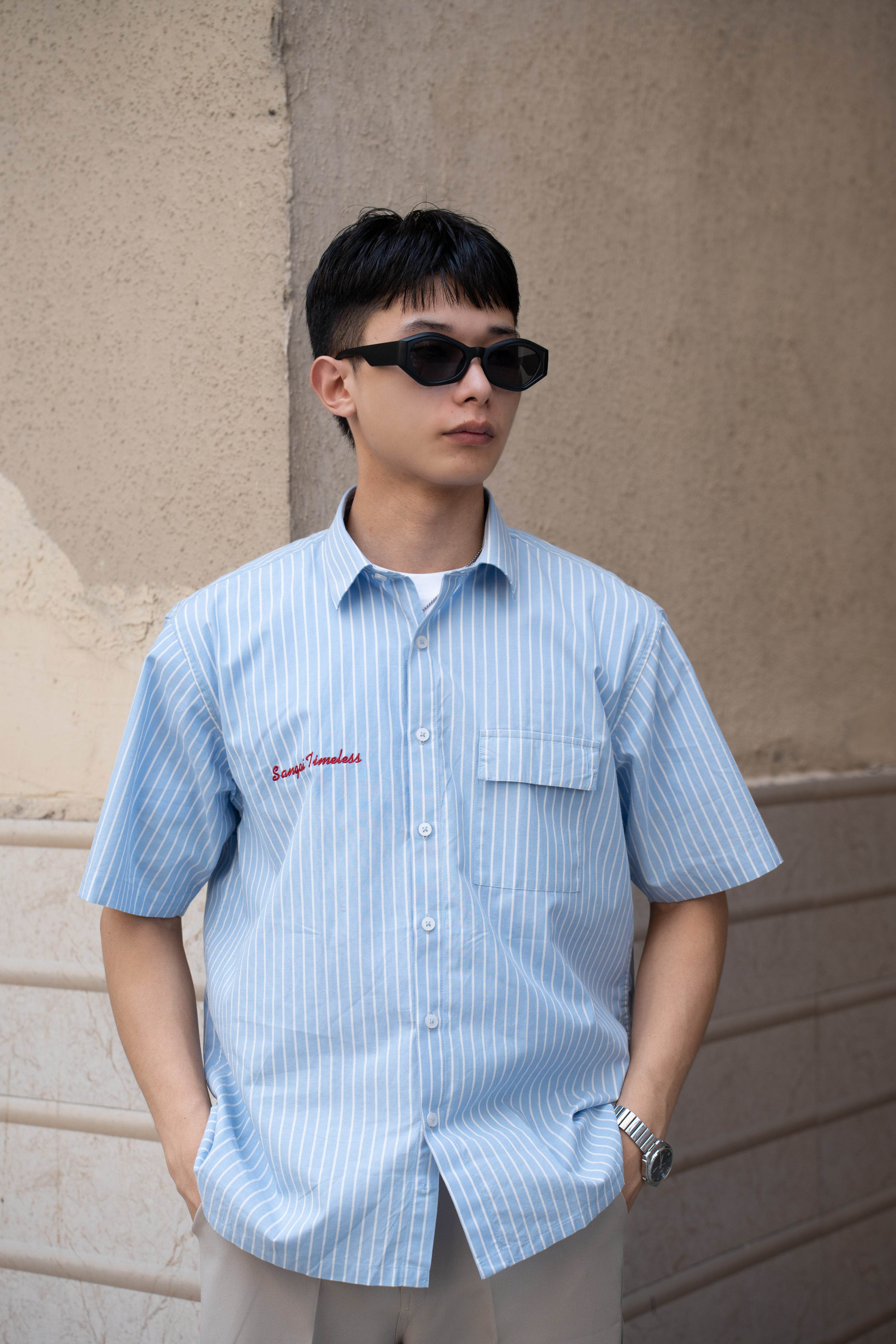 Oversized Striped Half Sleeves Shirt (Embroidered)