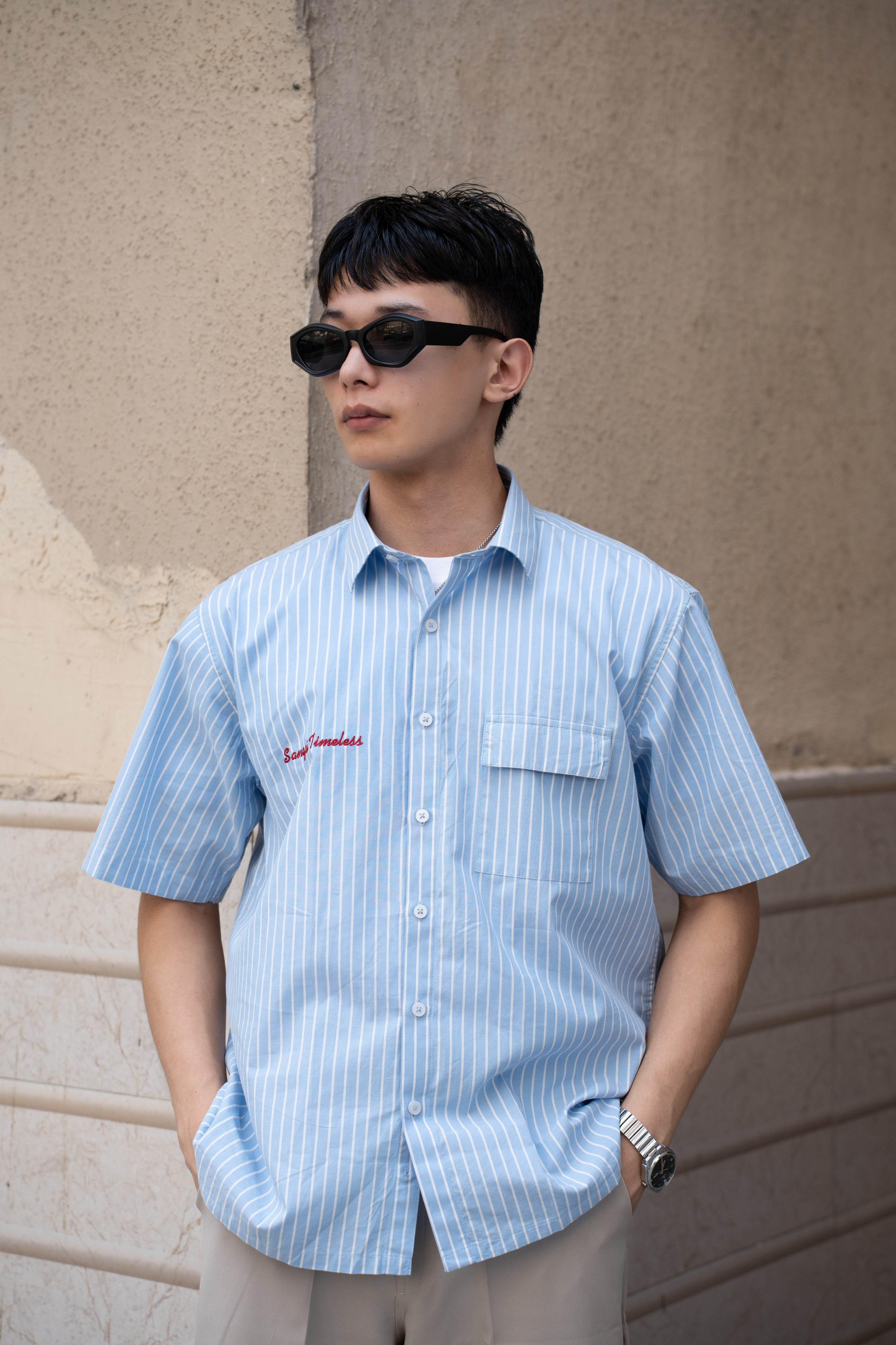 Oversized Striped Half Sleeves Shirt (Embroidered)